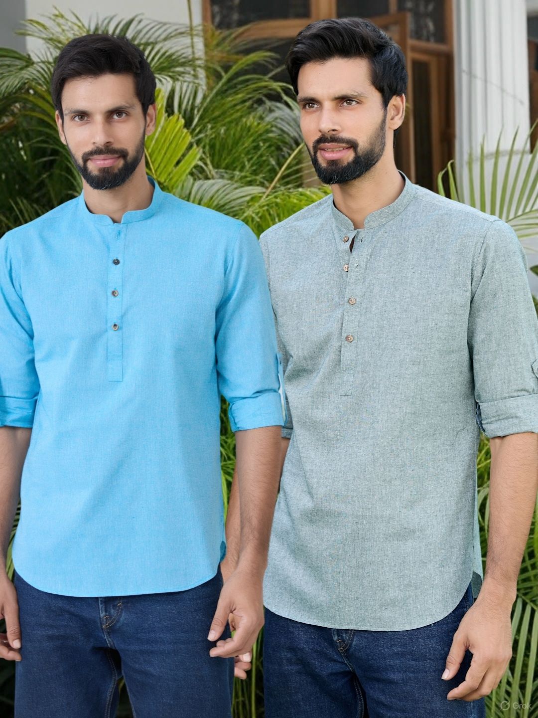 Men Pack Of 2 Turquoise Blue & Green Cotton Solid Short Kurta