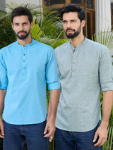 Men Pack Of 2 Turquoise Blue & Green Cotton Solid Short Kurta