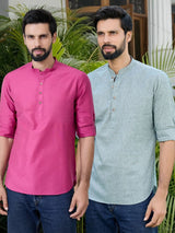 Men Pack Of 2 Pink & Green Cotton Solid Short Kurta