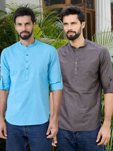 Men Pack Of 2 Turquoise Blue & Brown Cotton Solid Short Kurta