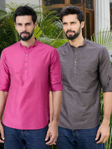Men Pack Of 2 Pink & Brown Cotton Solid Short Kurta