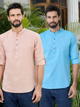 Men Pack Of 2 Peach & Turquoise Blue Cotton Solid Short Kurta