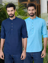 Men Pack Of 2 Navy Blue & Turquoise Blue Cotton Solid Short Kurta