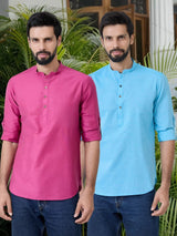 Men Pack Of 2 Pink & Turquoise Blue Cotton Solid Short Kurta