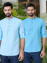 Men Pack Of 2 Turquoise Blue Cotton Solid Short Kurta