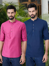 Men Pack Of 2 Pink & Navy Blue Cotton Solid Short Kurta