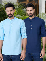 Men Pack Of 2 Turquoise Blue & Navy Blue Cotton Solid Short Kurta