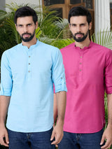 Men Pack Of 2 Turquoise Blue & Pink Cotton Solid Short Kurta