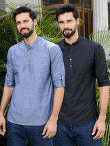Men Pack Of 2 Blue & Black Deluxe Cotton Solid Short Kurta