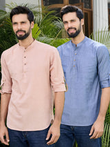 Men Pack Of 2 Brown & Blue Cotton Solid Short Kurta