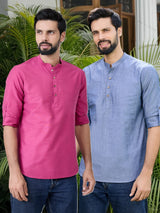 Men Pack Of 2 Pink & Blue Deluxe Cotton Solid Short Kurta
