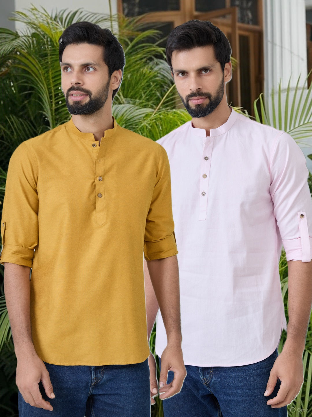 Men Pack Of 2 Mustard & Pink Cotton Solid Short Kurta