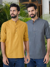 Men Pack Of 2 Mustard & Grey Deluxe Cotton Solid Short Kurta