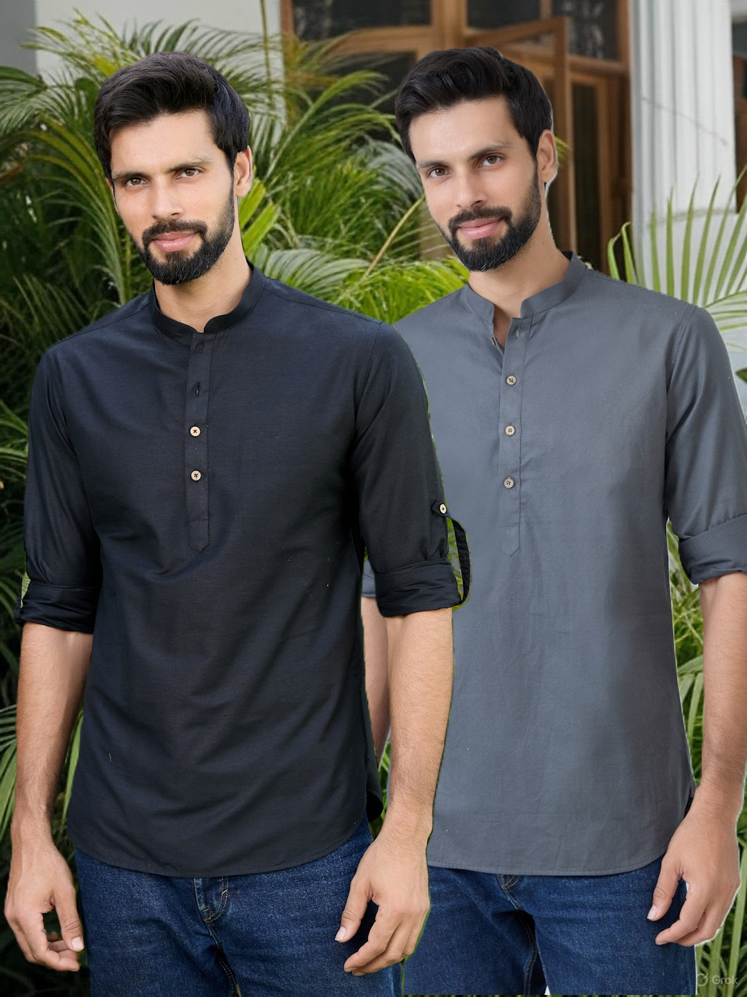 Men Pack Of 2 Black & Grey Deluxe Cotton Solid Short Kurta