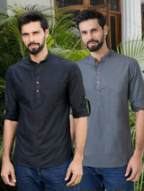 Men Pack Of 2 Black & Grey Deluxe Cotton Solid Short Kurta