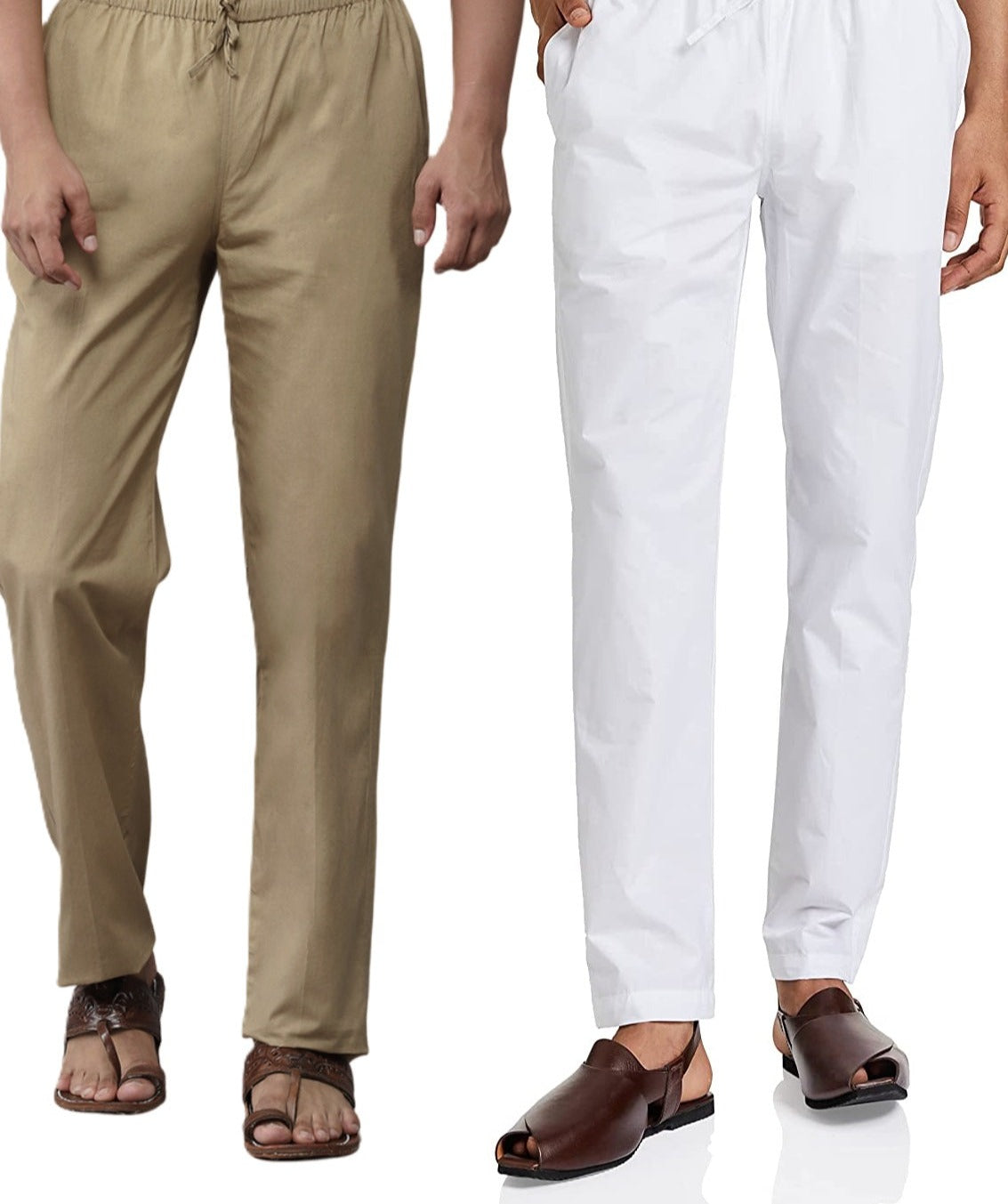 Men White & Brown Cotton Pack Of 2 Solid Combo Pajama