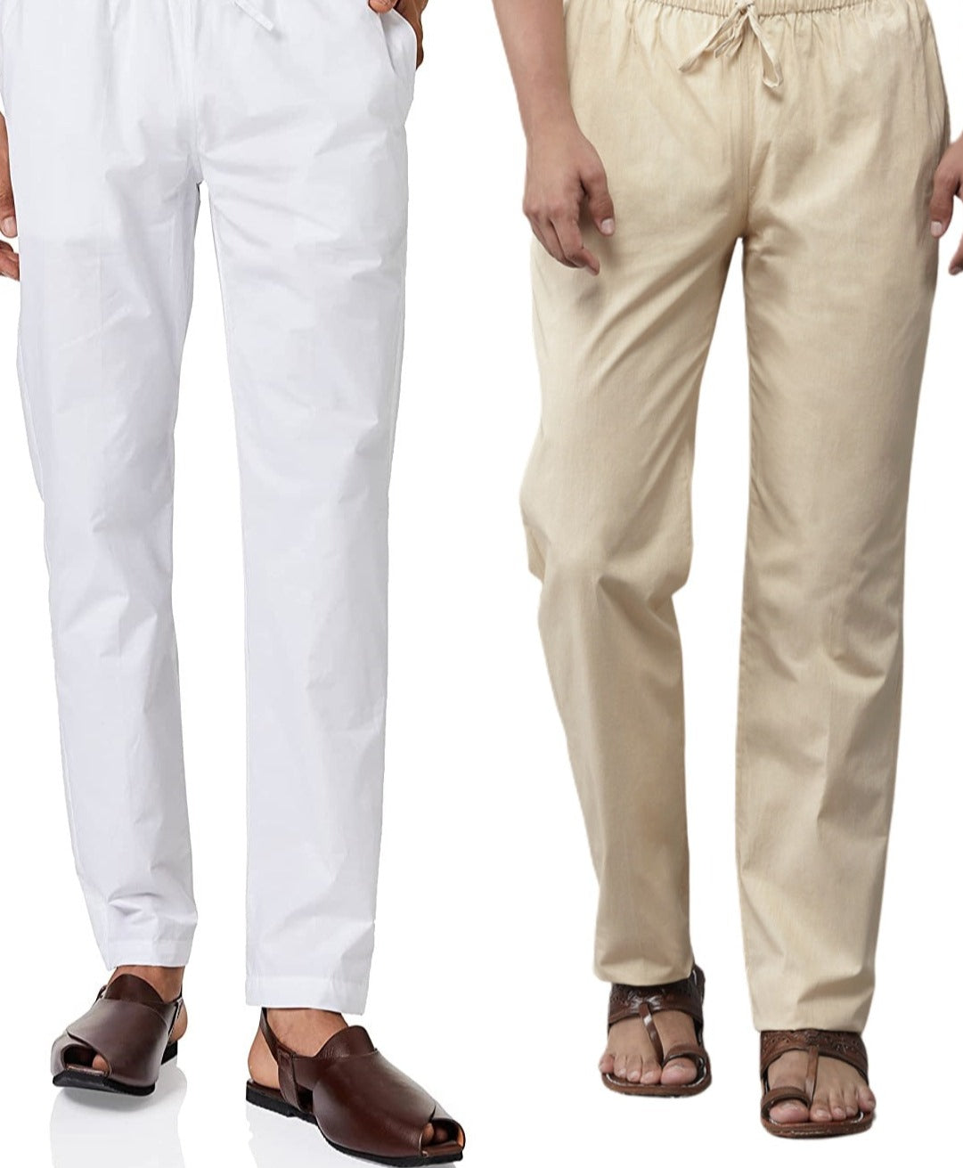 Men White & Beige Cotton Pack Of 2 Solid Combo Pajama