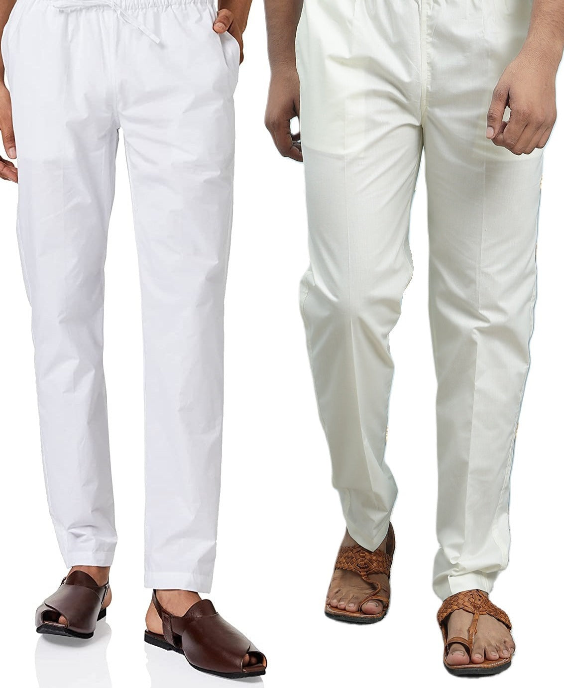 Men White & Cream Cotton Pack Of 2 Solid Combo Pajama