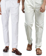 Men White & Cream Cotton Pack Of 2 Solid Combo Pajama