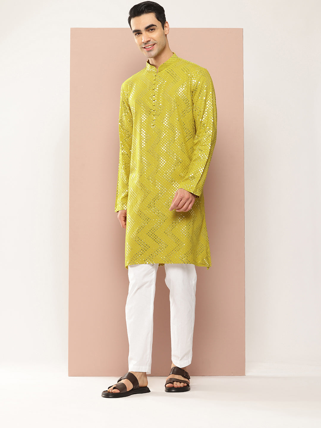 Men Lime Green Sequins Woven Design Kurta