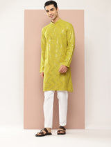 Men Lime Green Sequins Woven Design Kurta