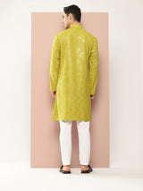 Men Lime Green Sequins Woven Design Kurta