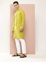 Men Lime Green Sequins Woven Design Kurta
