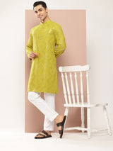 Men Lime Green Sequins Woven Design Kurta