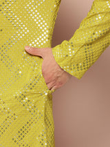 Men Lime Green Sequins Woven Design Kurta