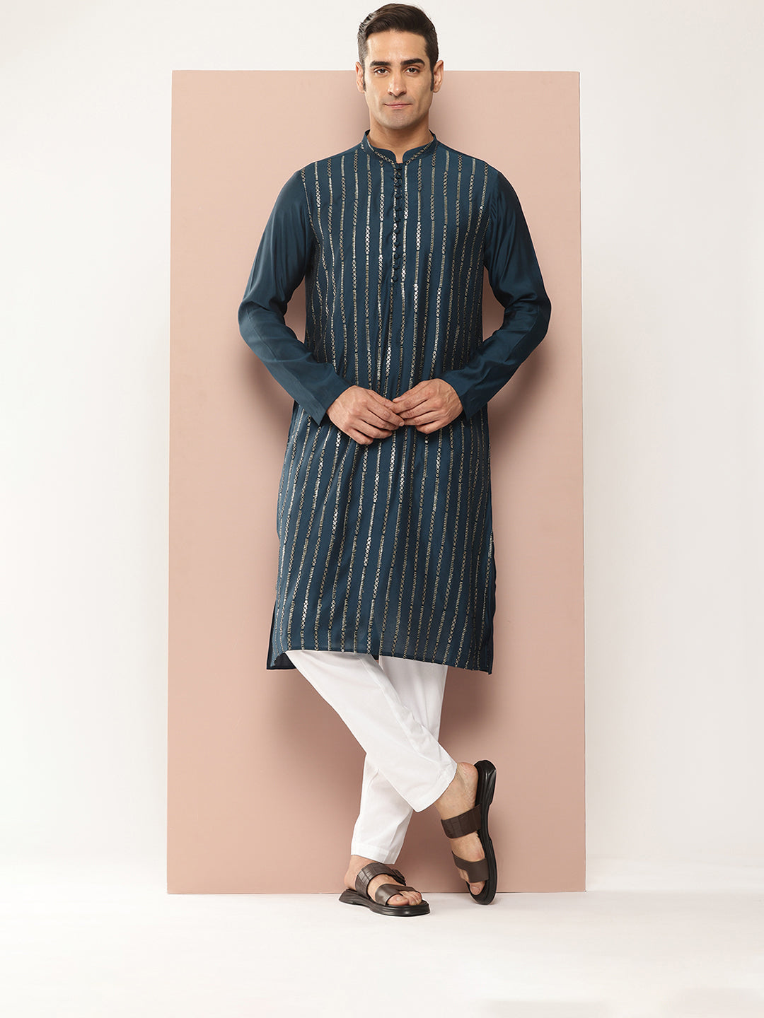 Men Black And Gold Chanderi Silk Sequins Kurta