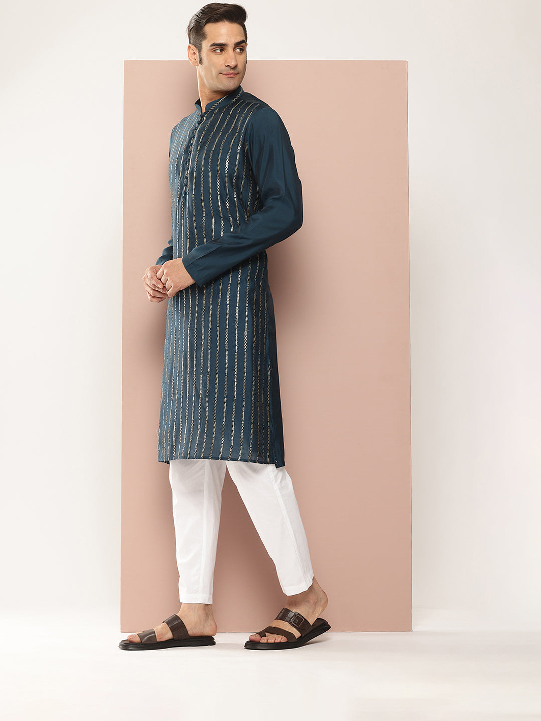 Men Black And Gold Chanderi Silk Sequins Kurta