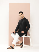 Men Black Embroidered Thread Work Sequin Chanderi Silk Straight Kurta