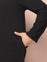 Men Black Embroidered Thread Work Sequin Chanderi Silk Straight Kurta