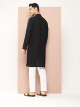 Men Black Embroidered Thread Work Sequin Chanderi Silk Straight Kurta