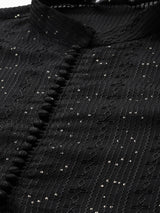 Men Black Embroidered Thread Work Sequin Chanderi Silk Straight Kurta