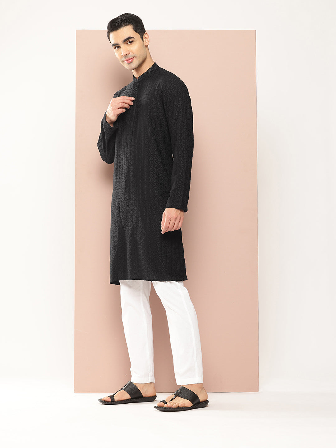 Men Black Embroidered Thread Work Sequin Chanderi Silk Straight Kurta