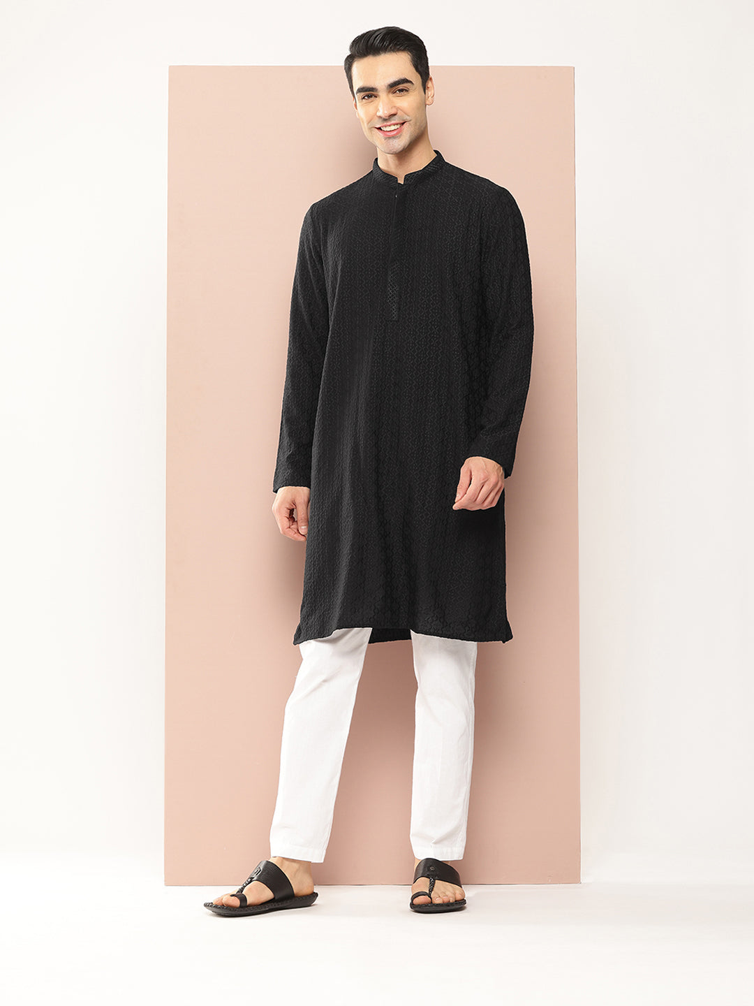 Men Black Embroidered Thread Work Sequin Chanderi Silk Straight Kurta