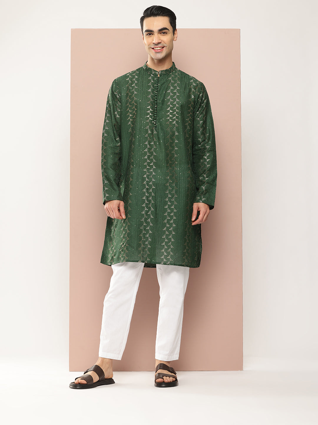 Men Green Embroidered Thread Work Sequin Chanderi Silk Straight Kurta