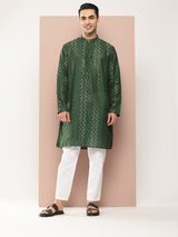 Men Green Embroidered Thread Work Sequin Chanderi Silk Straight Kurta