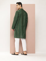 Men Green Embroidered Thread Work Sequin Chanderi Silk Straight Kurta