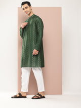 Men Green Embroidered Thread Work Sequin Chanderi Silk Straight Kurta