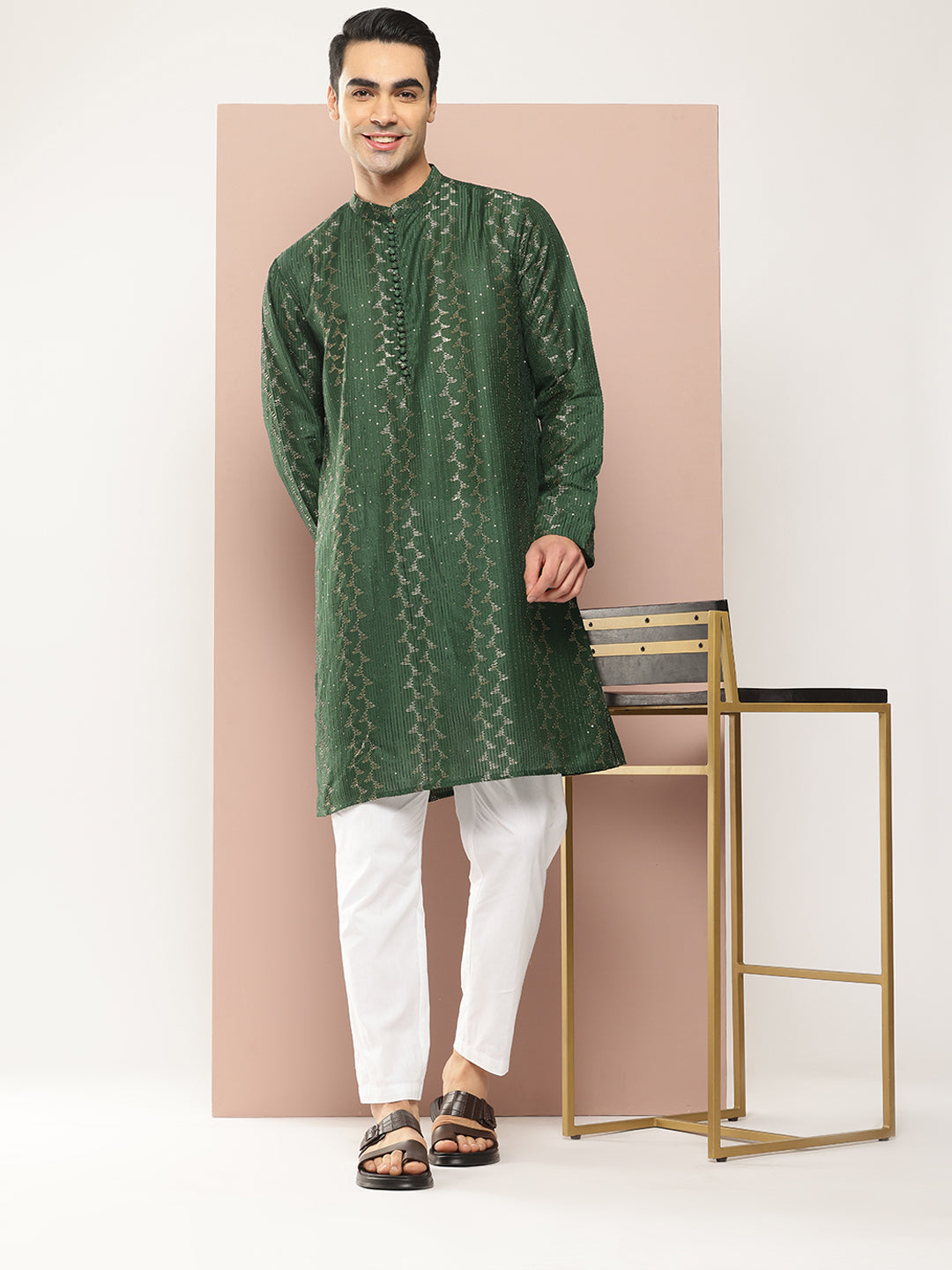 Men Green Embroidered Thread Work Sequin Chanderi Silk Straight Kurta