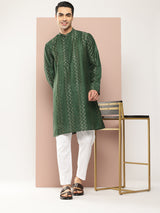 Men Green Embroidered Thread Work Sequin Chanderi Silk Straight Kurta