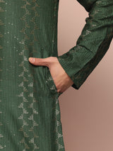 Men Green Embroidered Thread Work Sequin Chanderi Silk Straight Kurta