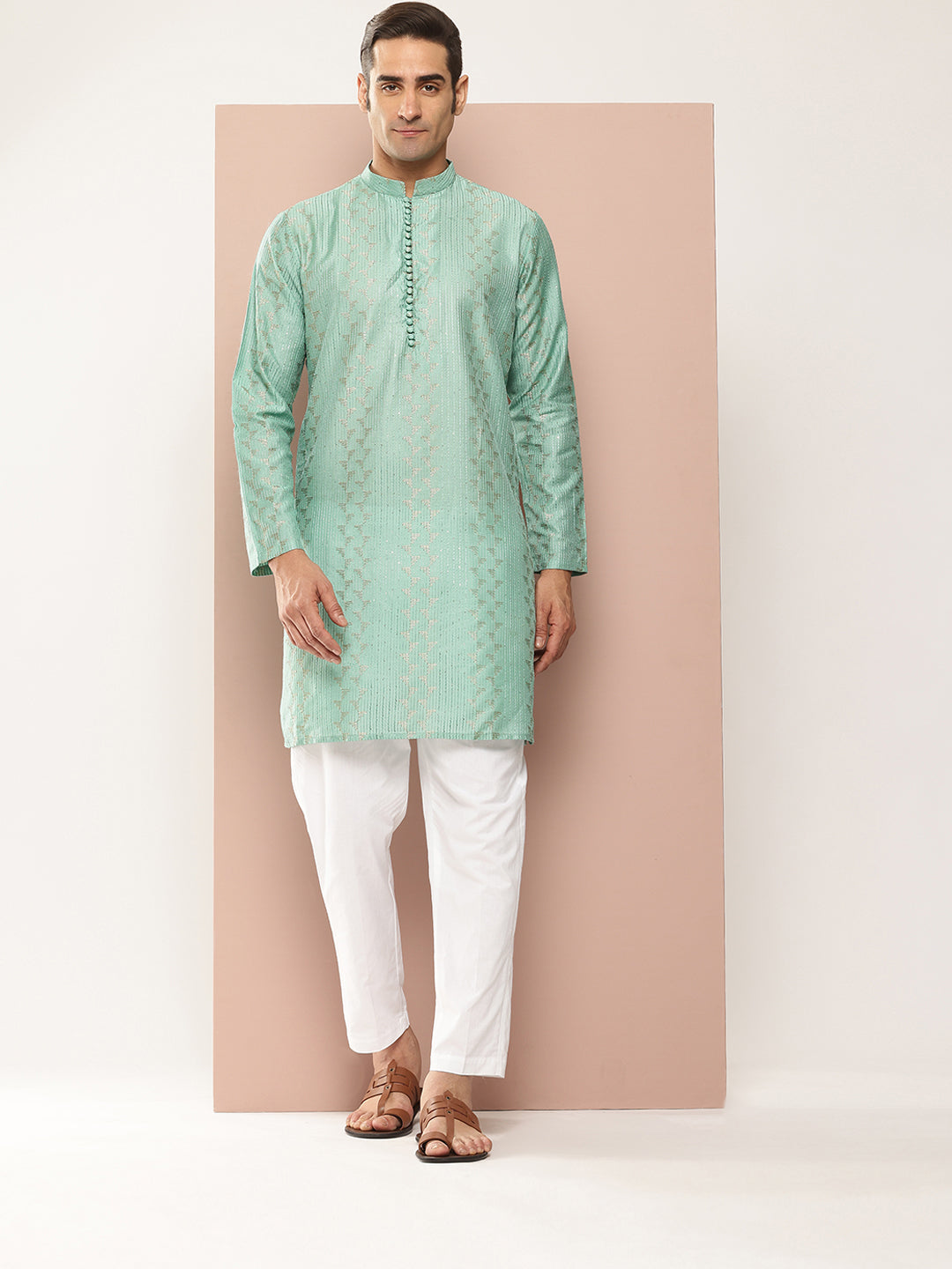 Men Ice Green Embroidered Thread Work Sequin Chanderi Silk Straight Kurta