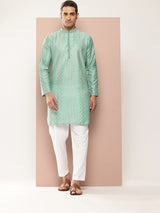 Men Ice Green Embroidered Thread Work Sequin Chanderi Silk Straight Kurta