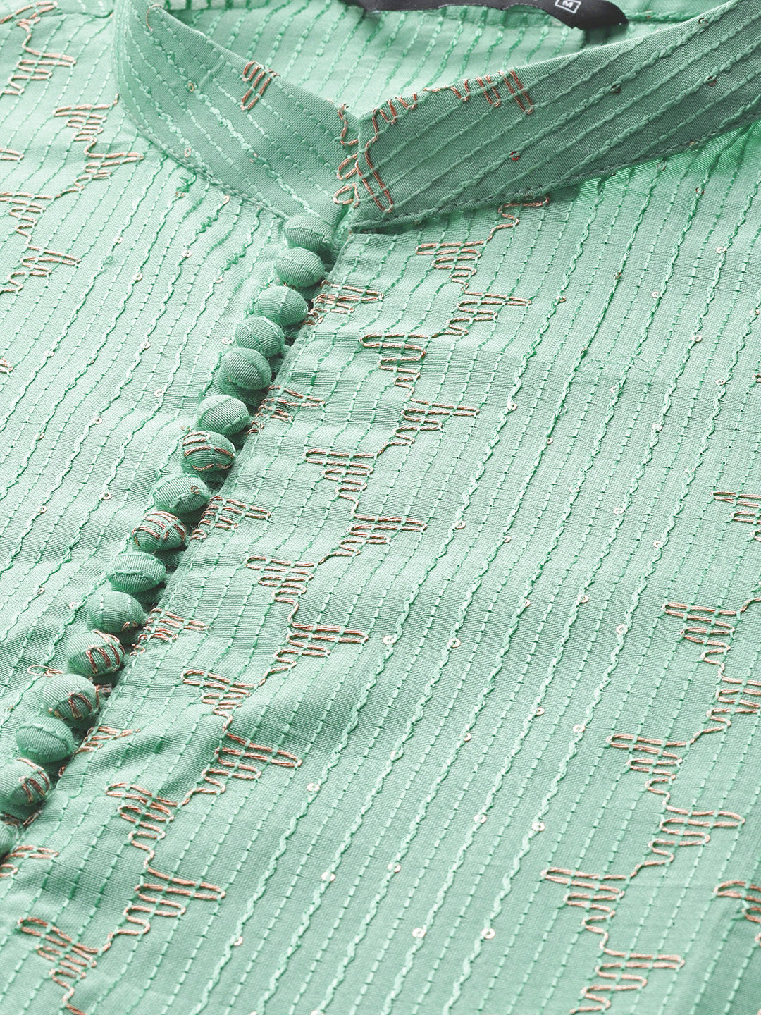 Men Ice Green Embroidered Thread Work Sequin Chanderi Silk Straight Kurta