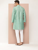 Men Ice Green Embroidered Thread Work Sequin Chanderi Silk Straight Kurta