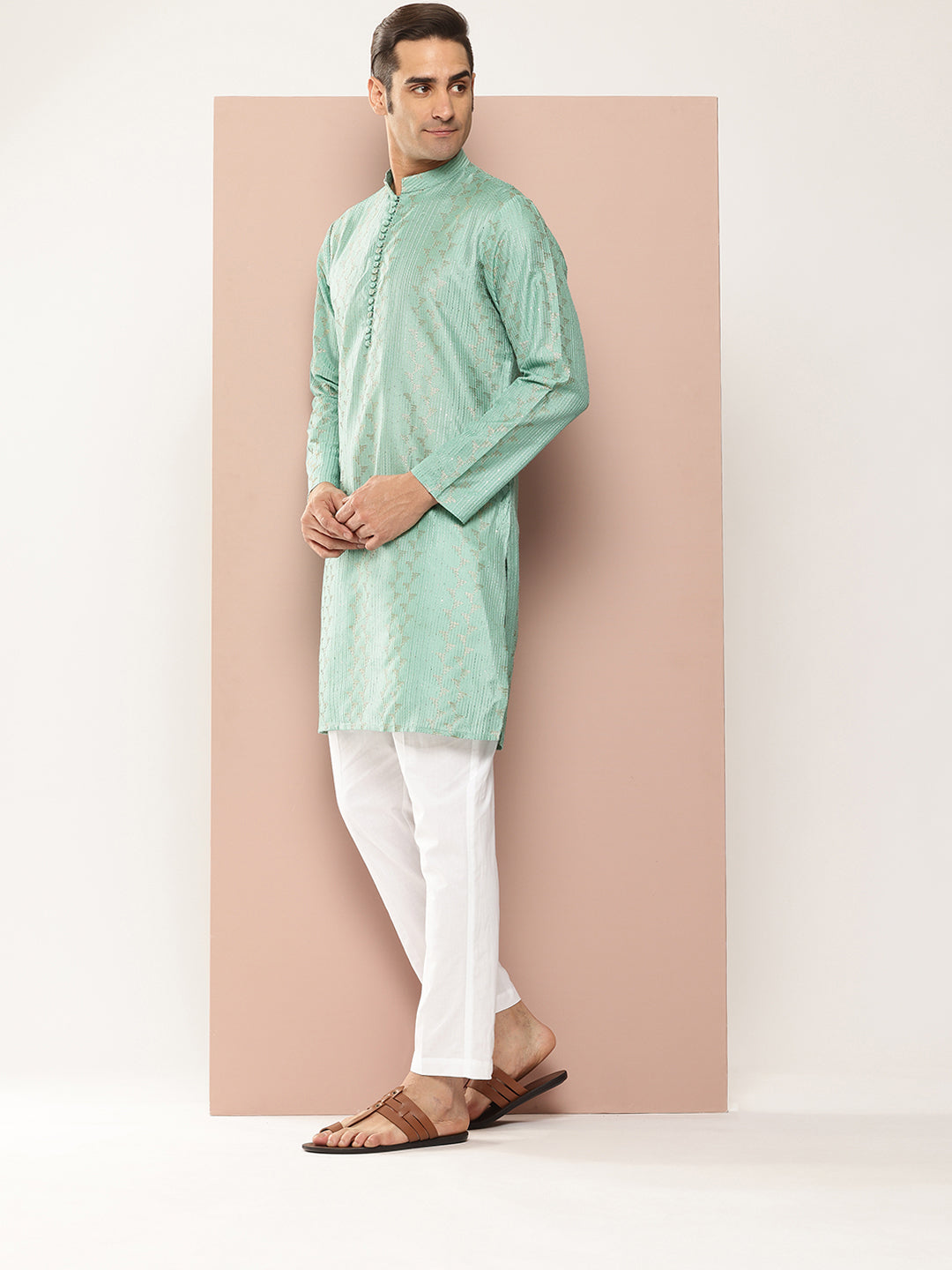 Men Ice Green Embroidered Thread Work Sequin Chanderi Silk Straight Kurta