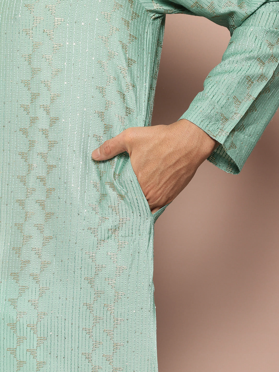 Men Ice Green Embroidered Thread Work Sequin Chanderi Silk Straight Kurta